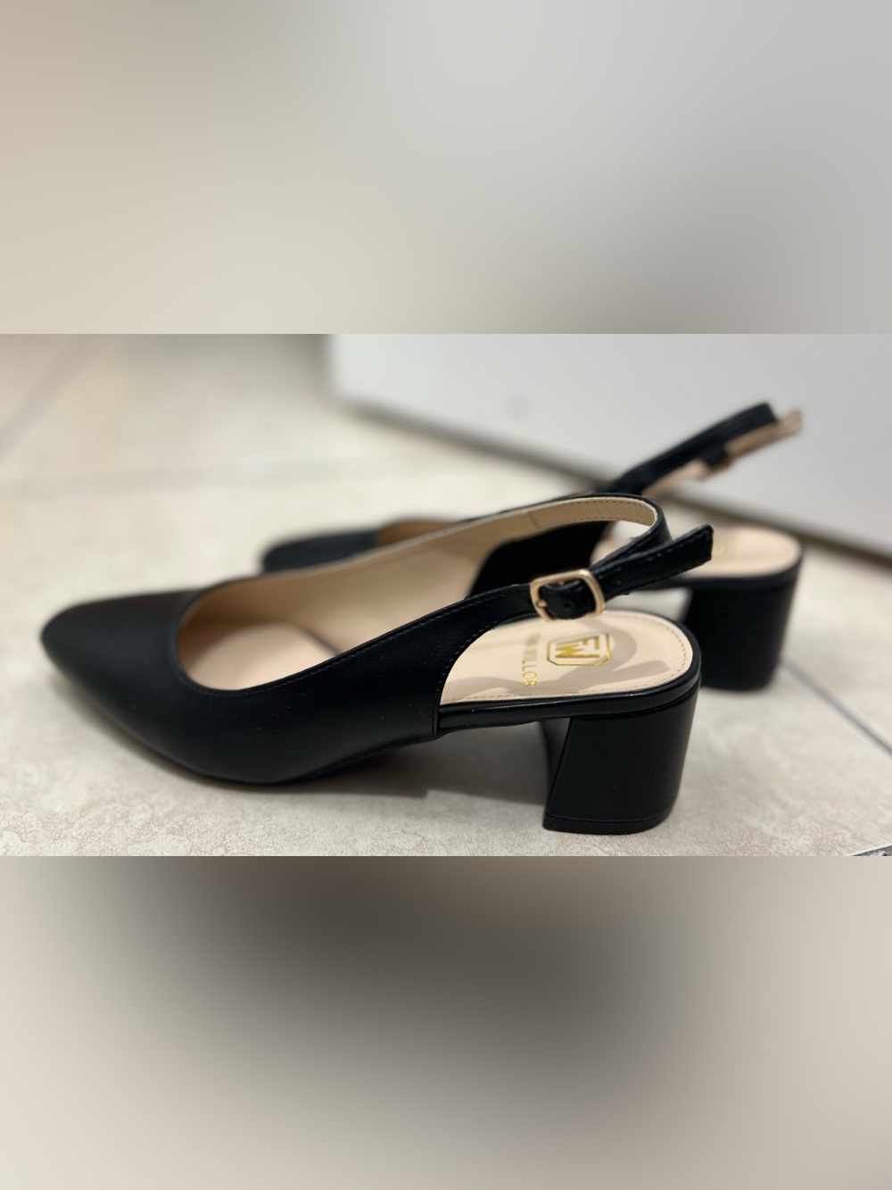 Black Pointed Slingback Block Heels with Gold Buckle